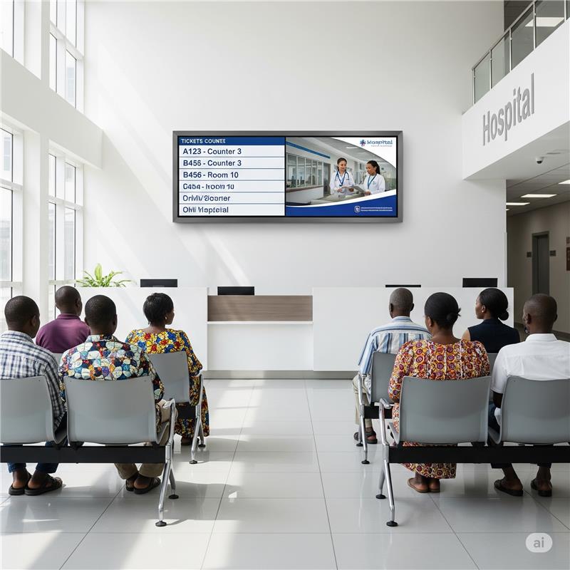 A digital signage displays content on a hospital screen